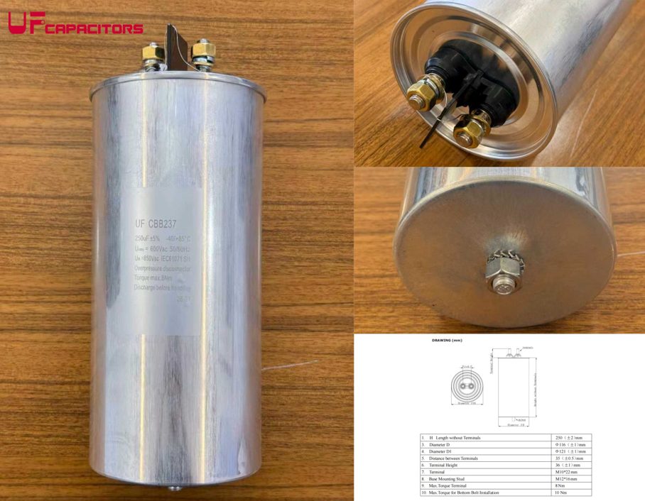 Figure 1. UF CBB237 cylindrical AC filter capacitor and terminal / mounting details.